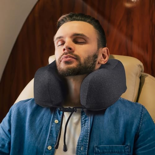 napfun Neck Pillow for Traveling, Upgraded Travel Neck Pillow for Airplane 100% Pure Memory Foam Travel Pillow for Flight Headrest Sleep, Portable Plane Accessories, Deep Blue Set, Medium (120-200LB)