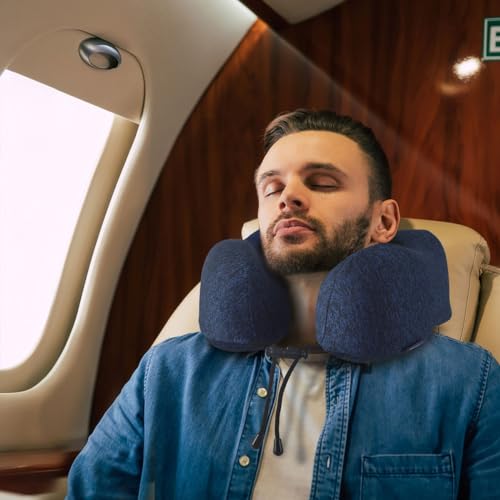 napfun Neck Pillow for Traveling, Upgraded Travel Neck Pillow for Airplane 100% Pure Memory Foam Travel Pillow for Flight Headrest Sleep, Portable Plane Accessories, Deep Blue Set, Medium (120-200LB)