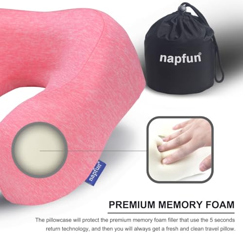 napfun Neck Pillow for Traveling, Upgraded Travel Neck Pillow for Airplane 100% Pure Memory Foam Travel Pillow for Flight Headrest Sleep, Portable Plane Accessories, Deep Blue Set, Medium (120-200LB)