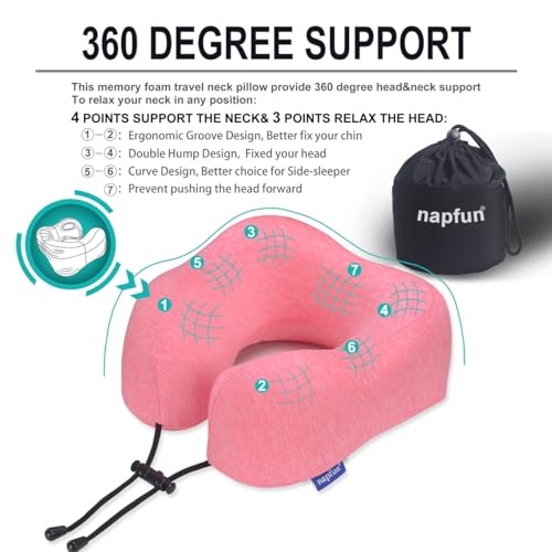 napfun Neck Pillow for Traveling, Upgraded Travel Neck Pillow for Airplane 100% Pure Memory Foam Travel Pillow for Flight Headrest Sleep, Portable Plane Accessories, Deep Blue Set, Medium (120-200LB)