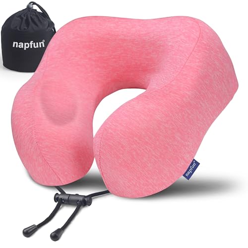 napfun Neck Pillow for Traveling, Upgraded Travel Neck Pillow for Airplane 100% Pure Memory Foam Travel Pillow for Flight Headrest Sleep, Portable Plane Accessories, Deep Blue Set, Medium (120-200LB)