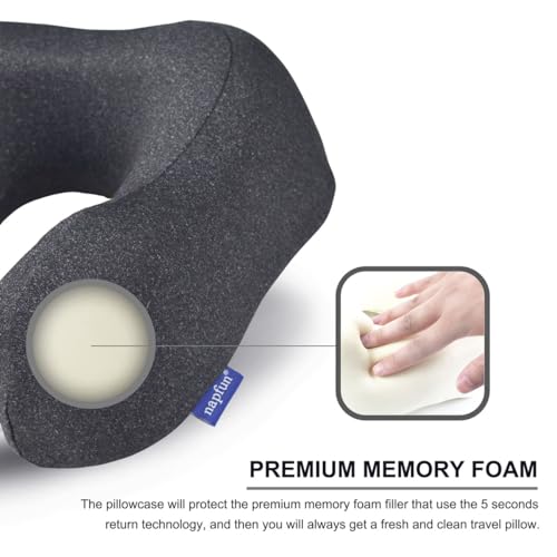 napfun Neck Pillow for Traveling, Upgraded Travel Neck Pillow for Airplane 100% Pure Memory Foam Travel Pillow for Flight Headrest Sleep, Portable Plane Accessories, Deep Blue Set, Medium (120-200LB)