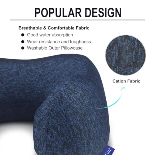 napfun Neck Pillow for Traveling, Upgraded Travel Neck Pillow for Airplane 100% Pure Memory Foam Travel Pillow for Flight Headrest Sleep, Portable Plane Accessories, Deep Blue Set, Medium (120-200LB)