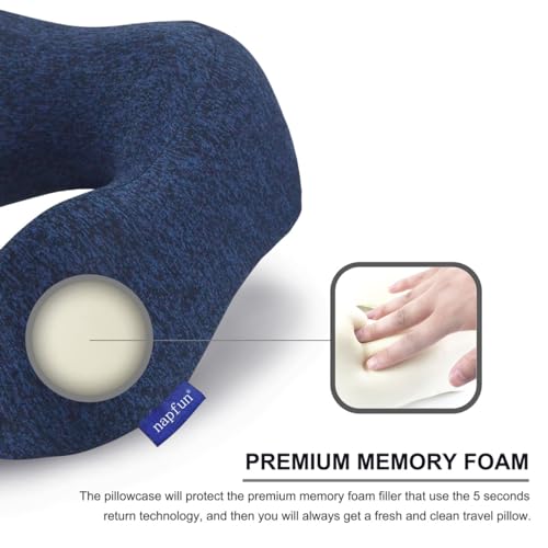 napfun Neck Pillow for Traveling, Upgraded Travel Neck Pillow for Airplane 100% Pure Memory Foam Travel Pillow for Flight Headrest Sleep, Portable Plane Accessories, Deep Blue Set, Medium (120-200LB)