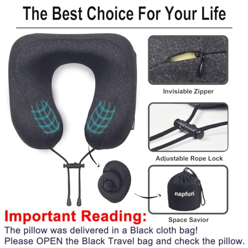 napfun Neck Pillow for Traveling, Upgraded Travel Neck Pillow for Airplane 100% Pure Memory Foam Travel Pillow for Flight Headrest Sleep, Portable Plane Accessories, Deep Blue Set, Medium (120-200LB)