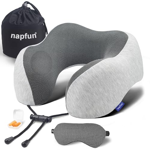 napfun Neck Pillow for Traveling, Upgraded Travel Neck Pillow for Airplane 100% Pure Memory Foam Travel Pillow for Flight Headrest Sleep, Portable Plane Accessories, Deep Blue Set, Medium (120-200LB)