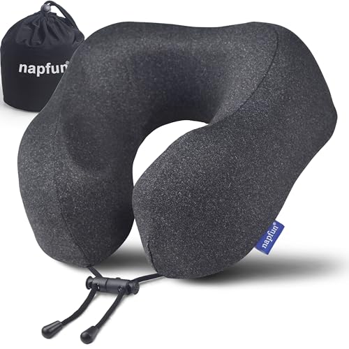 napfun Neck Pillow for Traveling, Upgraded Travel Neck Pillow for Airplane 100% Pure Memory Foam Travel Pillow for Flight Headrest Sleep, Portable Plane Accessories, Deep Blue Set, Medium (120-200LB)