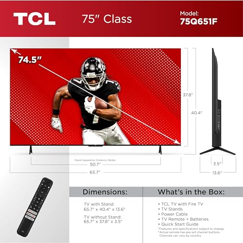 TCL 75-Inch Class Q65 QLED 4K Smart TV with Fire TV (75Q651F, 2024 Model), Dolby Vision, HDR PRO+, Dolby Atmos, Alexa Built-in with Voice Remote, Apple AirPlay 2 Compatibility, Streaming Television