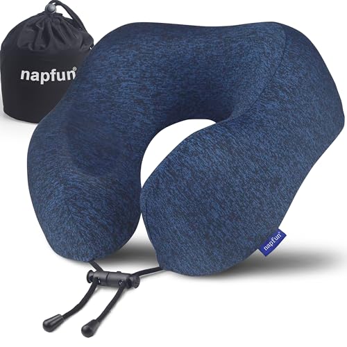 napfun Neck Pillow for Traveling, Upgraded Travel Neck Pillow for Airplane 100% Pure Memory Foam Travel Pillow for Flight Headrest Sleep, Portable Plane Accessories, Deep Blue Set, Medium (120-200LB)