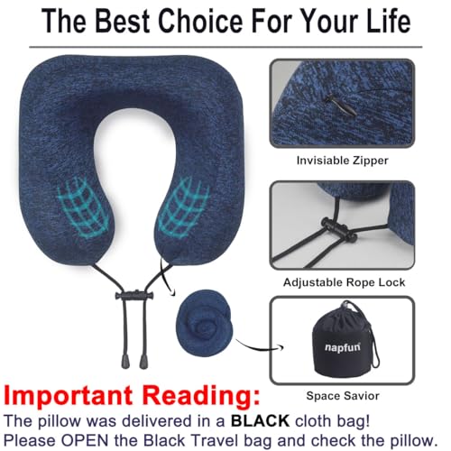 napfun Neck Pillow for Traveling, Upgraded Travel Neck Pillow for Airplane 100% Pure Memory Foam Travel Pillow for Flight Headrest Sleep, Portable Plane Accessories, Deep Blue Set, Medium (120-200LB)