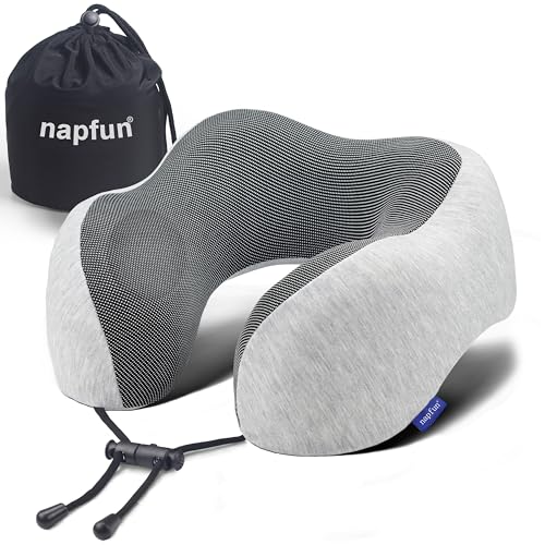 napfun Neck Pillow for Traveling, Upgraded Travel Neck Pillow for Airplane 100% Pure Memory Foam Travel Pillow for Flight Headrest Sleep, Portable Plane Accessories, Deep Blue Set, Medium (120-200LB)