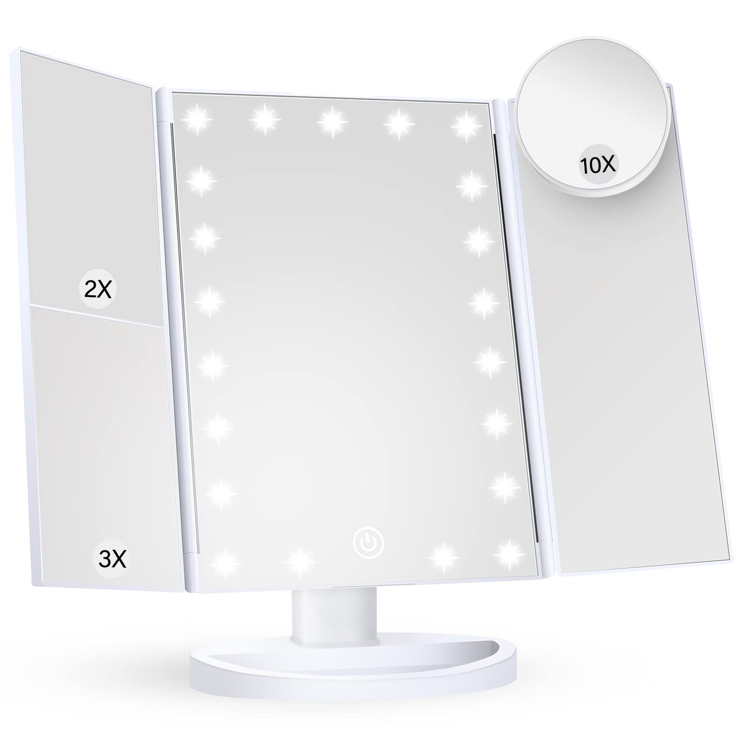 HUONUL Makeup Mirror Vanity with Lights, 2X 3X 10X Magnification, Lighted Mirror, Touch Control, Trifold Dual Power Supply, Portable LED Women Gift (Black)