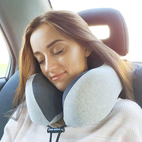 napfun Neck Pillow for Traveling, Upgraded Travel Neck Pillow for Airplane 100% Pure Memory Foam Travel Pillow for Flight Headrest Sleep, Portable Plane Accessories, Deep Blue Set, Medium (120-200LB)