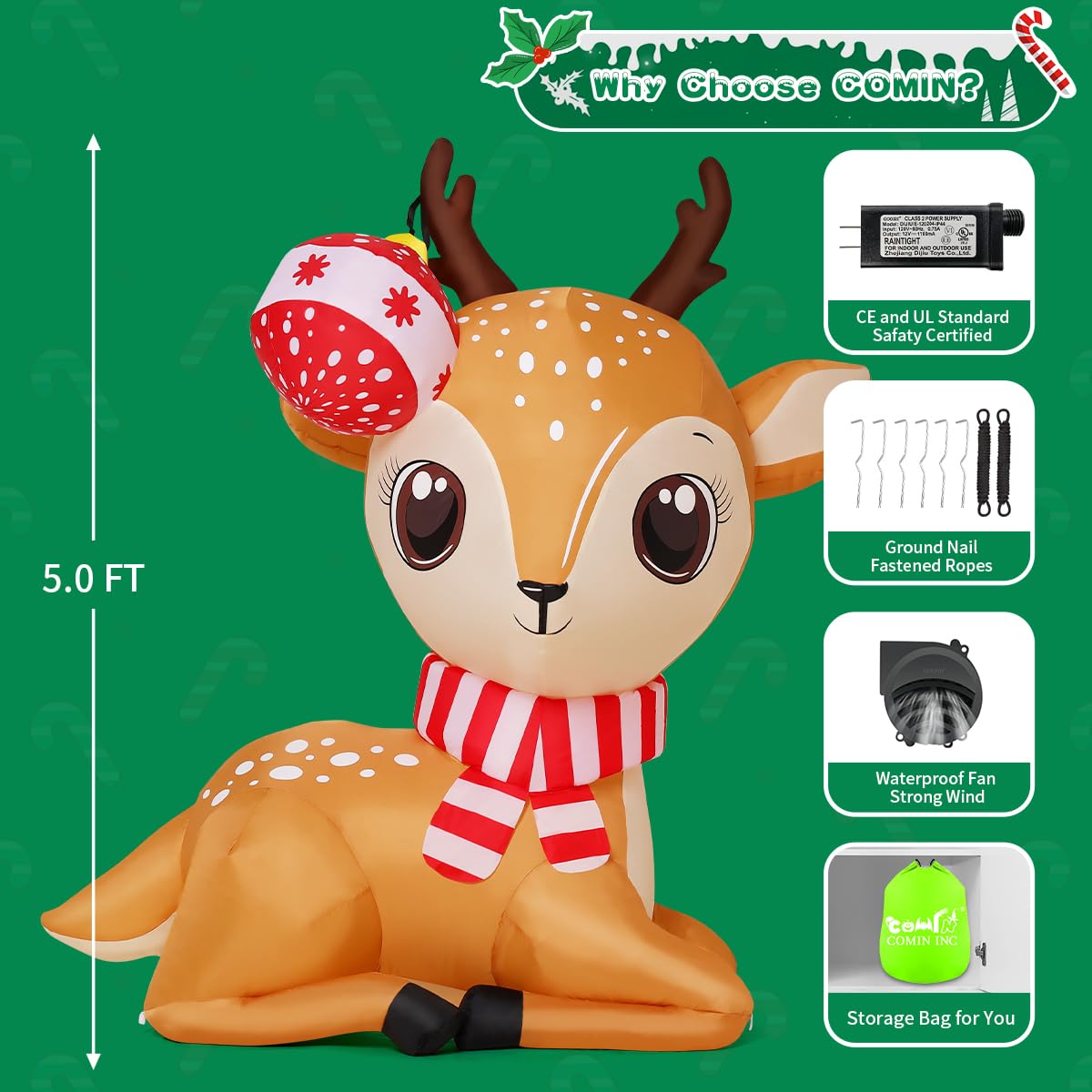 COMIN 5 FT Christmas Inflatables Reindeer Outdoor Decorations Blow Up Yard Cute Deer with Christmas Ball with Built-in LEDs for Xmas Garden Lawn Indoor Party Decor