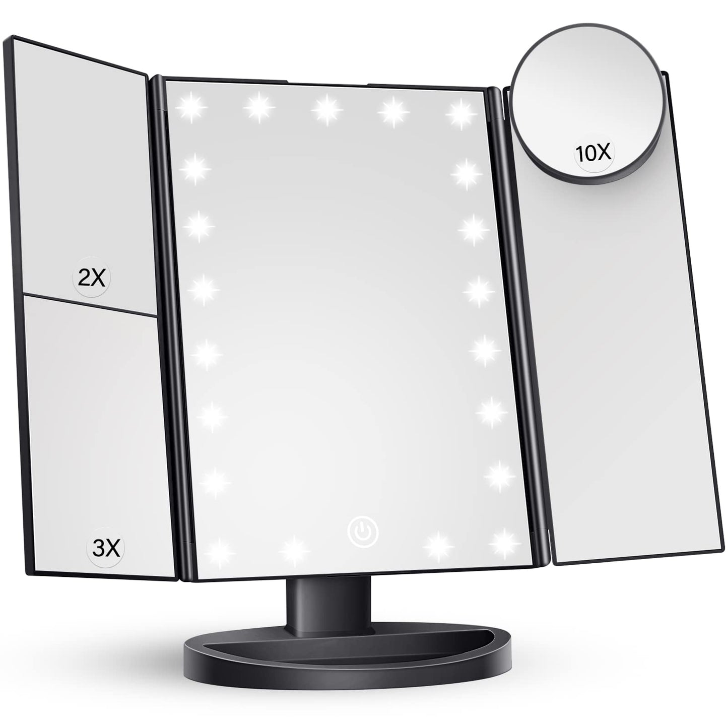 HUONUL Makeup Mirror Vanity with Lights, 2X 3X 10X Magnification, Lighted Mirror, Touch Control, Trifold Dual Power Supply, Portable LED Women Gift (Black)