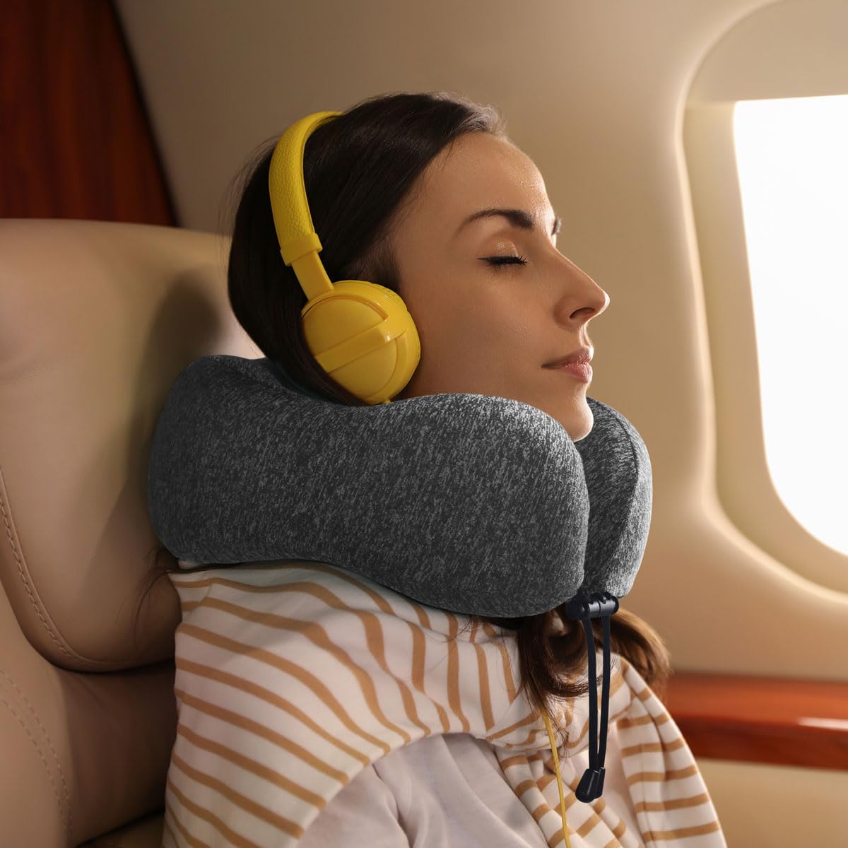 napfun Neck Pillow for Traveling, Upgraded Travel Neck Pillow for Airplane 100% Pure Memory Foam Travel Pillow for Flight Headrest Sleep, Portable Plane Accessories, Deep Blue Set, Medium (120-200LB)