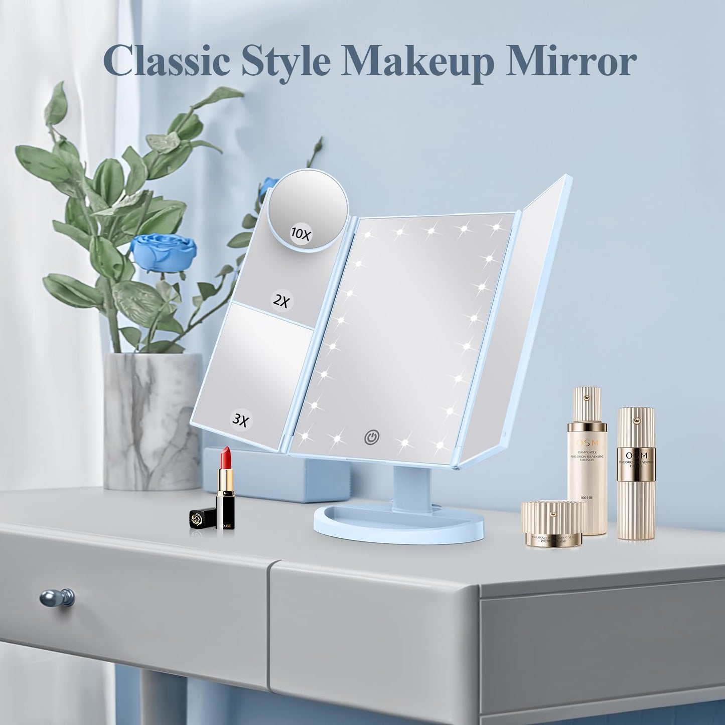 HUONUL Makeup Mirror Vanity with Lights, 2X 3X 10X Magnification, Lighted Mirror, Touch Control, Trifold Dual Power Supply, Portable LED Women Gift (Black)