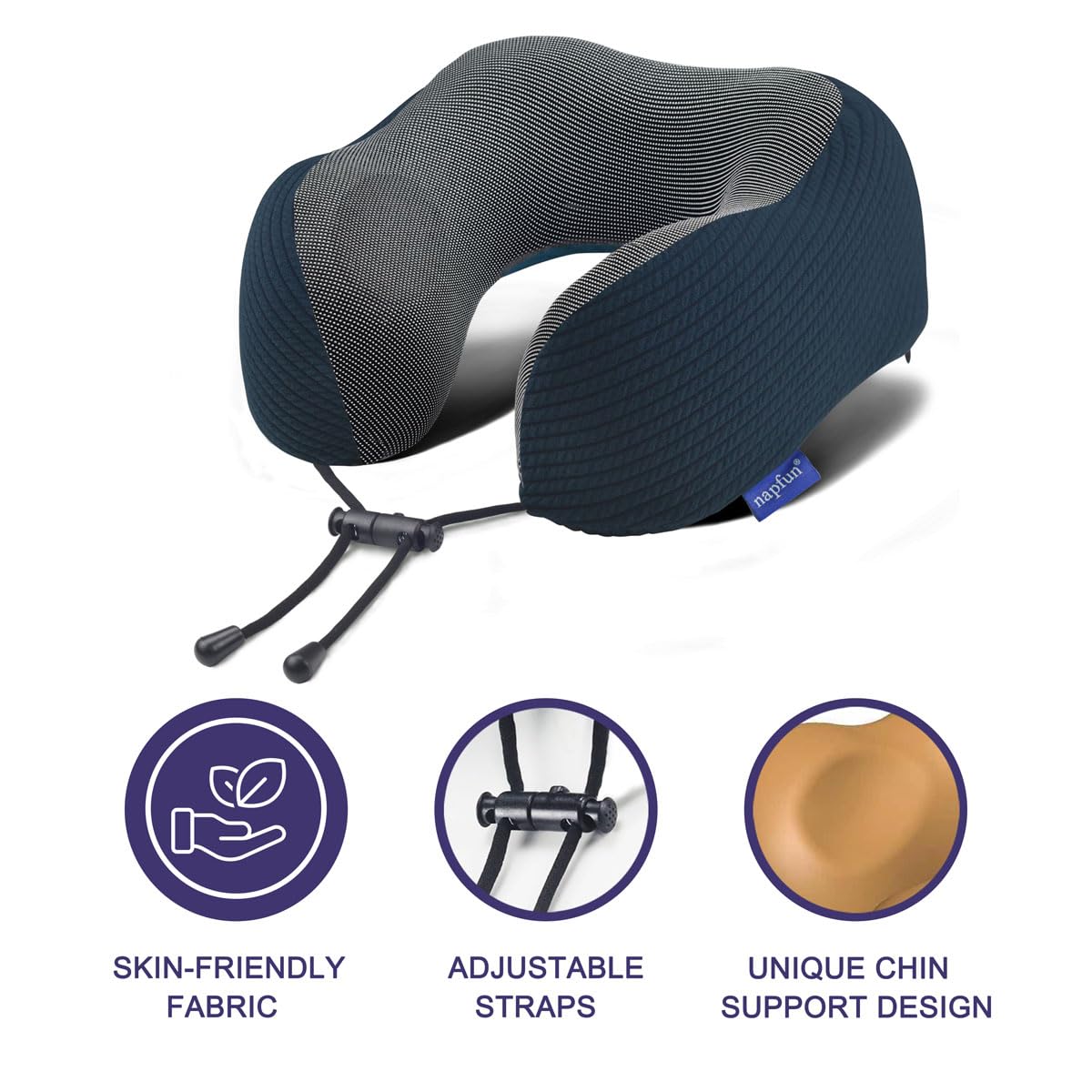 napfun Neck Pillow for Traveling, Upgraded Travel Neck Pillow for Airplane 100% Pure Memory Foam Travel Pillow for Flight Headrest Sleep, Portable Plane Accessories, Deep Blue Set, Medium (120-200LB)