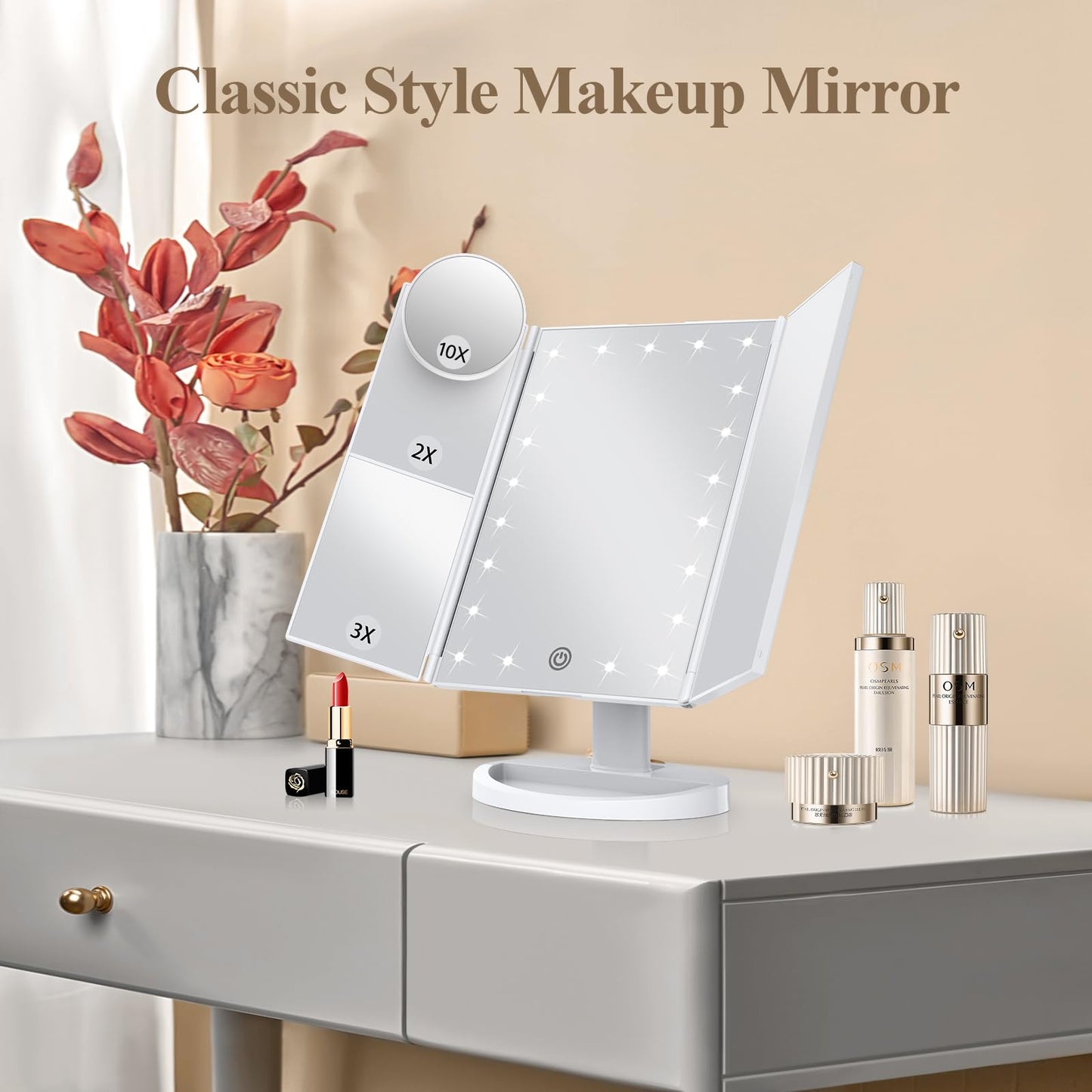 HUONUL Makeup Mirror Vanity with Lights, 2X 3X 10X Magnification, Lighted Mirror, Touch Control, Trifold Dual Power Supply, Portable LED Women Gift (Black)