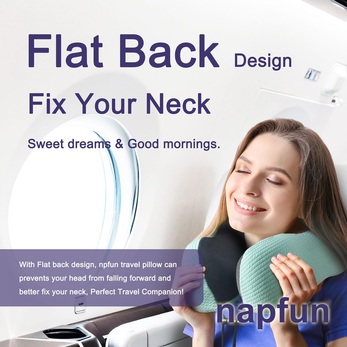 napfun Neck Pillow for Traveling, Upgraded Travel Neck Pillow for Airplane 100% Pure Memory Foam Travel Pillow for Flight Headrest Sleep, Portable Plane Accessories, Deep Blue Set, Medium (120-200LB)