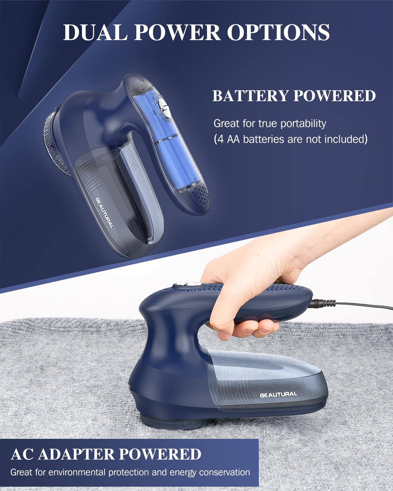 BEAUTURAL Sweater Fabric Shaver Home-Edition, Powerful & Efficient Lint Remover for Clothes and Furniture, AC Adapter or Battery Powered Pill Fuzz Remover, Special for Your Family Ultramarine