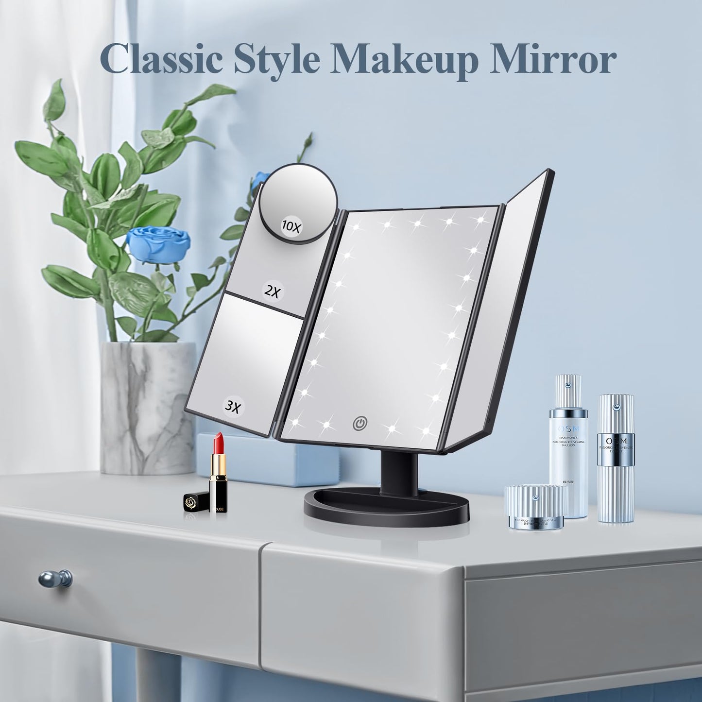 HUONUL Makeup Mirror Vanity with Lights, 2X 3X 10X Magnification, Lighted Mirror, Touch Control, Trifold Dual Power Supply, Portable LED Women Gift (Black)