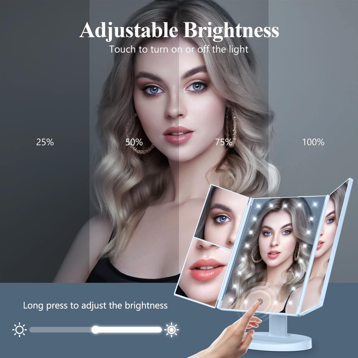 HUONUL Makeup Mirror Vanity with Lights, 2X 3X 10X Magnification, Lighted Mirror, Touch Control, Trifold Dual Power Supply, Portable LED Women Gift (Black)