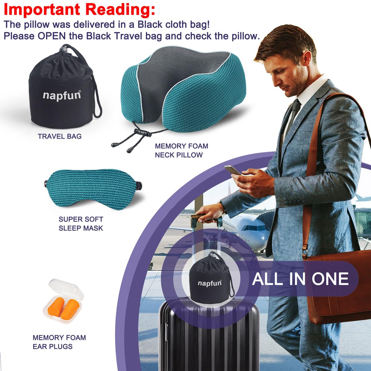 napfun Neck Pillow for Traveling, Upgraded Travel Neck Pillow for Airplane 100% Pure Memory Foam Travel Pillow for Flight Headrest Sleep, Portable Plane Accessories, Deep Blue Set, Medium (120-200LB)