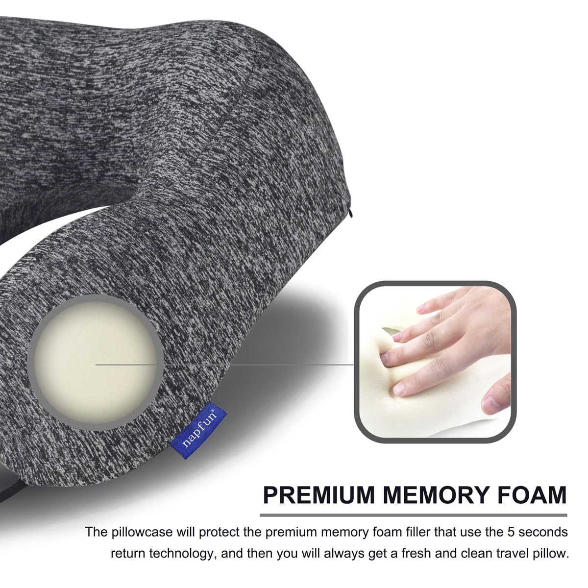 napfun Neck Pillow for Traveling, Upgraded Travel Neck Pillow for Airplane 100% Pure Memory Foam Travel Pillow for Flight Headrest Sleep, Portable Plane Accessories, Deep Blue Set, Medium (120-200LB)