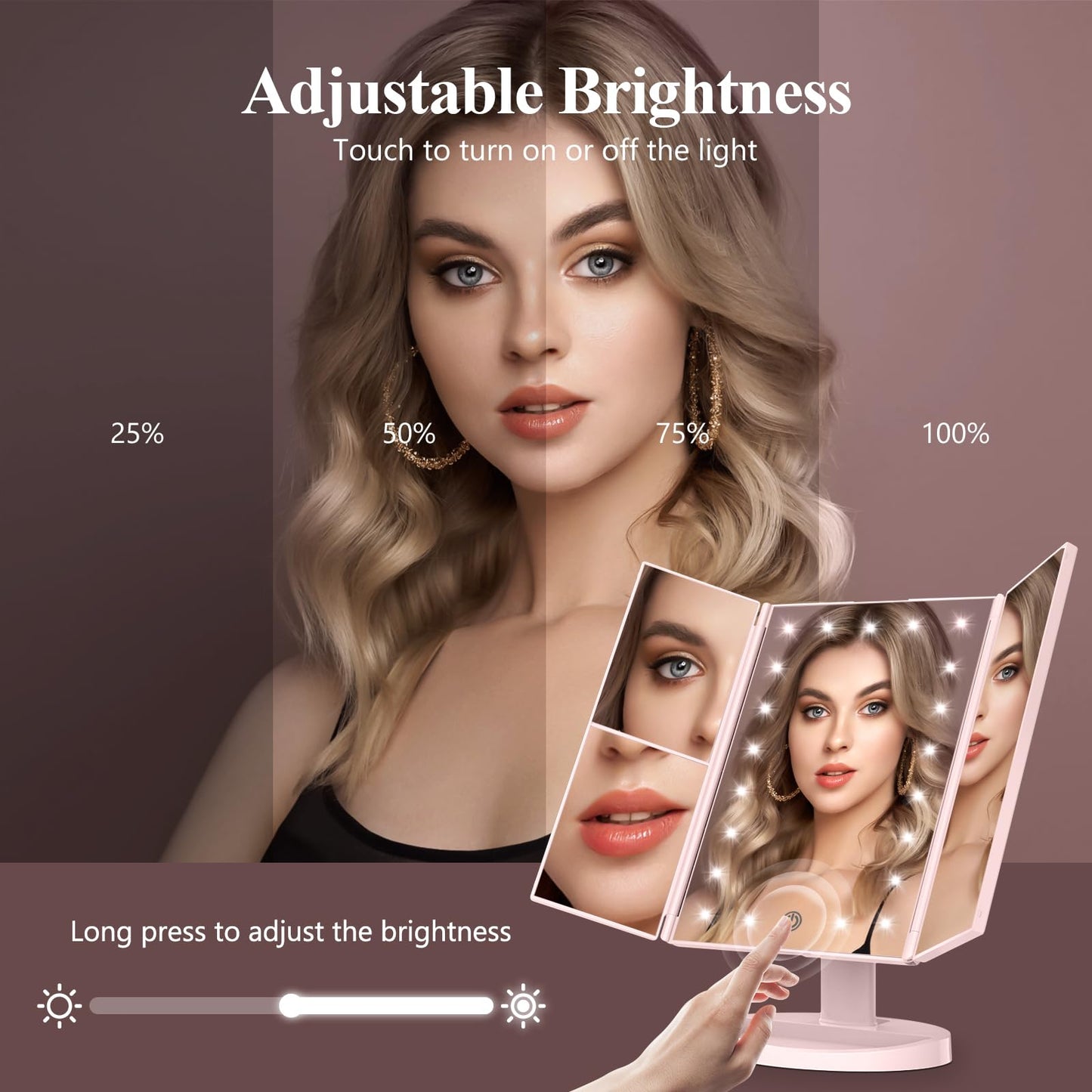 HUONUL Makeup Mirror Vanity with Lights, 2X 3X 10X Magnification, Lighted Mirror, Touch Control, Trifold Dual Power Supply, Portable LED Women Gift (Black)