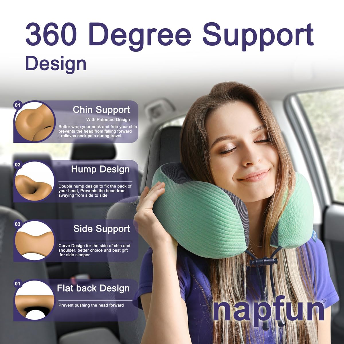 napfun Neck Pillow for Traveling, Upgraded Travel Neck Pillow for Airplane 100% Pure Memory Foam Travel Pillow for Flight Headrest Sleep, Portable Plane Accessories, Deep Blue Set, Medium (120-200LB)