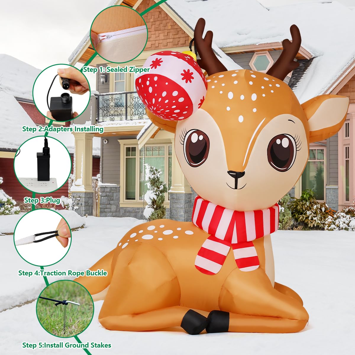 COMIN 5 FT Christmas Inflatables Reindeer Outdoor Decorations Blow Up Yard Cute Deer with Christmas Ball with Built-in LEDs for Xmas Garden Lawn Indoor Party Decor