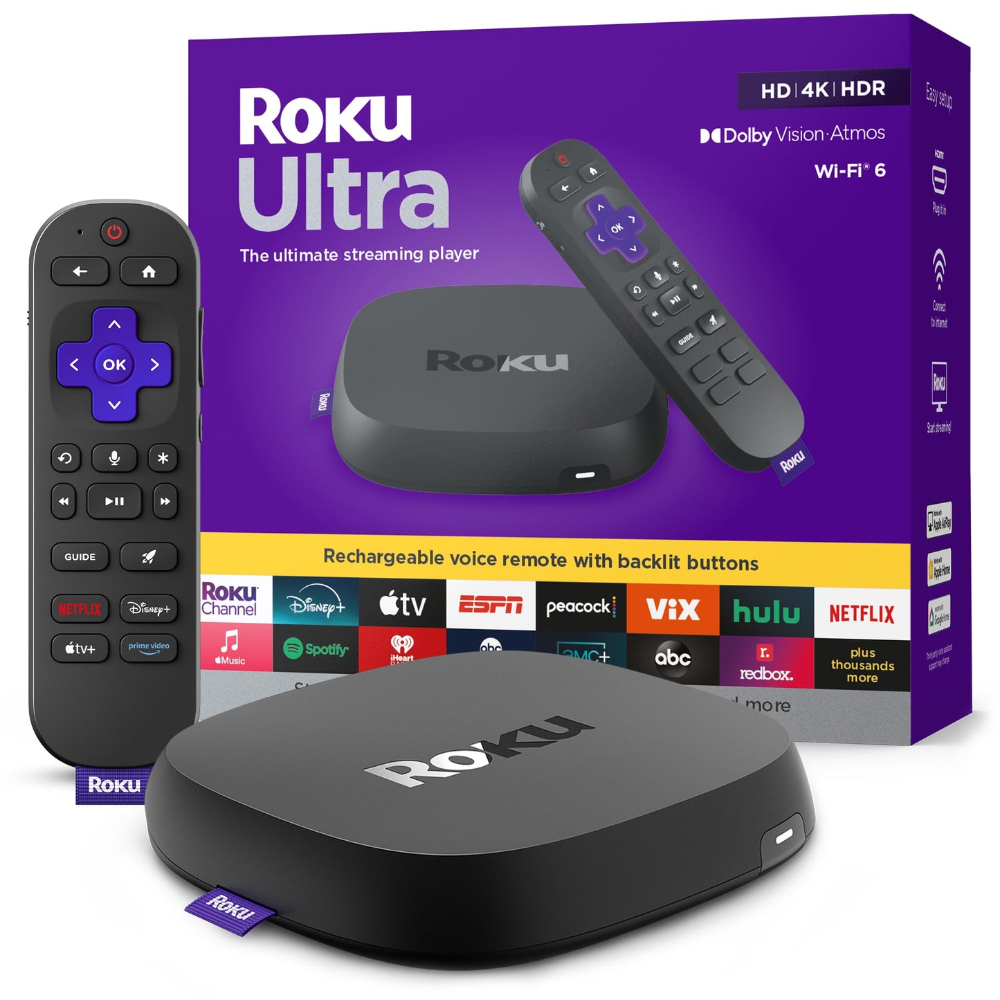 Roku Ultra 2024 - Ultimate Streaming Player - 4K Streaming Device for TV with HDR10+, Dolby Vision & Atmos - Bluetooth & Wi-Fi 6- Rechargeable Voice Remote Pro with Backlit Buttons - Free & Live TV