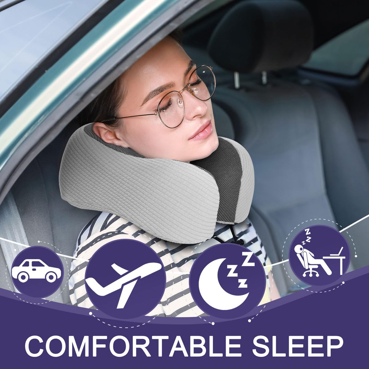 napfun Neck Pillow for Traveling, Upgraded Travel Neck Pillow for Airplane 100% Pure Memory Foam Travel Pillow for Flight Headrest Sleep, Portable Plane Accessories, Deep Blue Set, Medium (120-200LB)