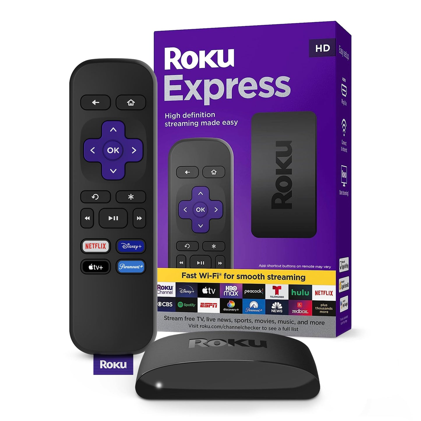 Roku Express | HD Roku Streaming Device with Standard Remote (no TV controls), Free & Live TV