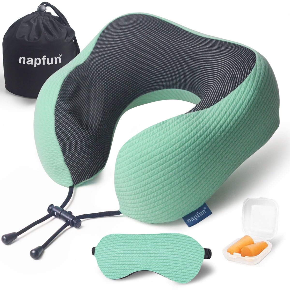 napfun Neck Pillow for Traveling, Upgraded Travel Neck Pillow for Airplane 100% Pure Memory Foam Travel Pillow for Flight Headrest Sleep, Portable Plane Accessories, Deep Blue Set, Medium (120-200LB)