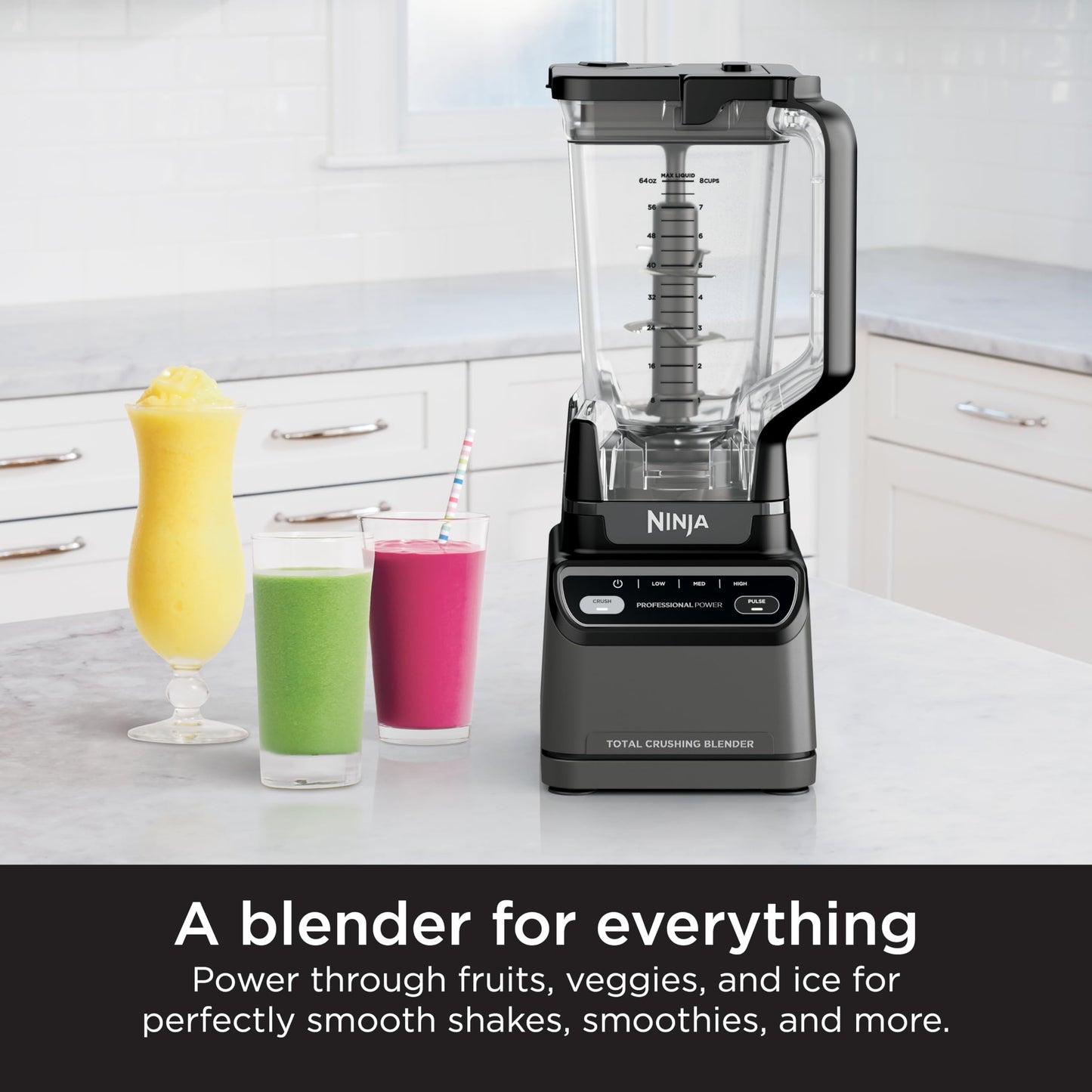 Ninja Blender, For-Smoothies, Salsa, Shakes, Slush, and-Frozen Drinks, Blender, Pitcher, and-Lid, Blender for-Kitchen, Crushes Ice, Fruit, and-Veggies, 1000-Watt, Dishwasher Safe, Black, NJ601AMZ