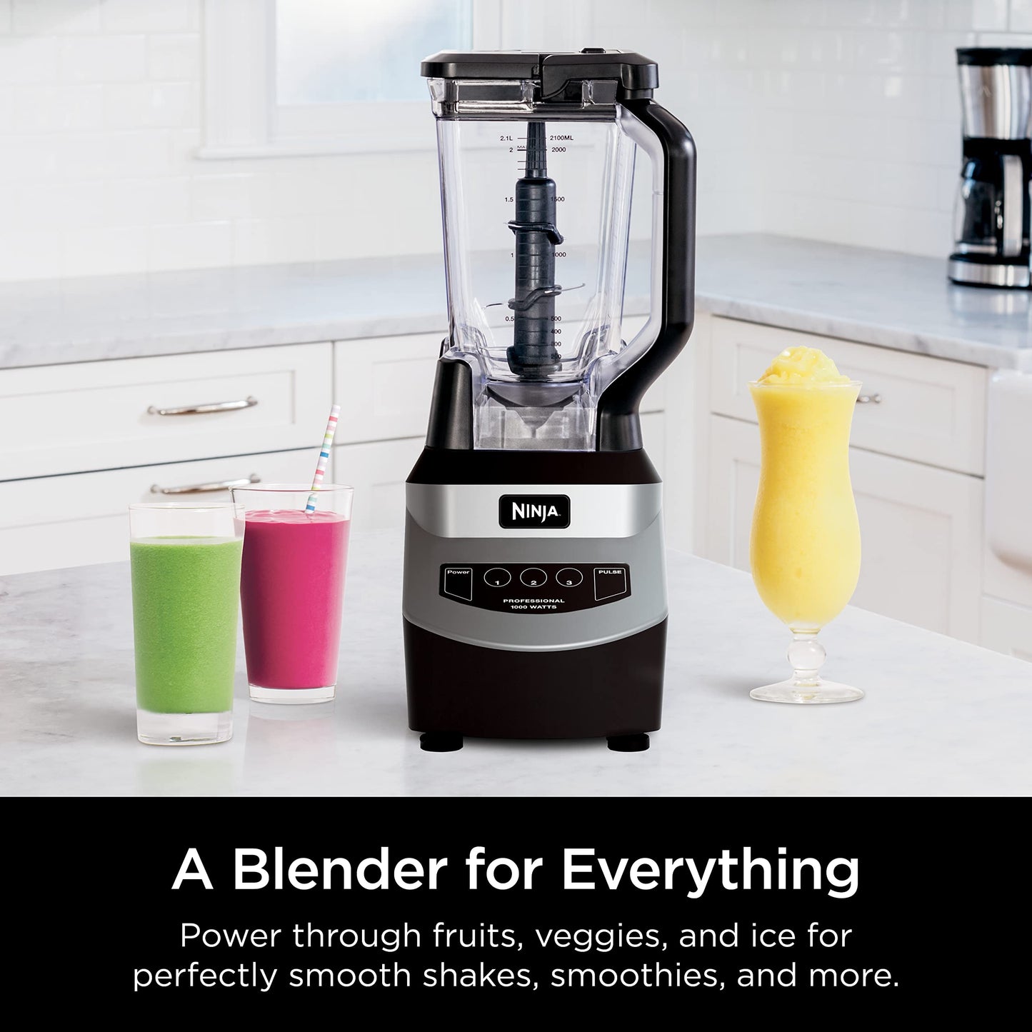 Ninja Blender, For-Smoothies, Salsa, Shakes, Slush, and-Frozen Drinks, Blender, Pitcher, and-Lid, Blender for-Kitchen, Crushes Ice, Fruit, and-Veggies, 1000-Watt, Dishwasher Safe, Black, NJ601AMZ