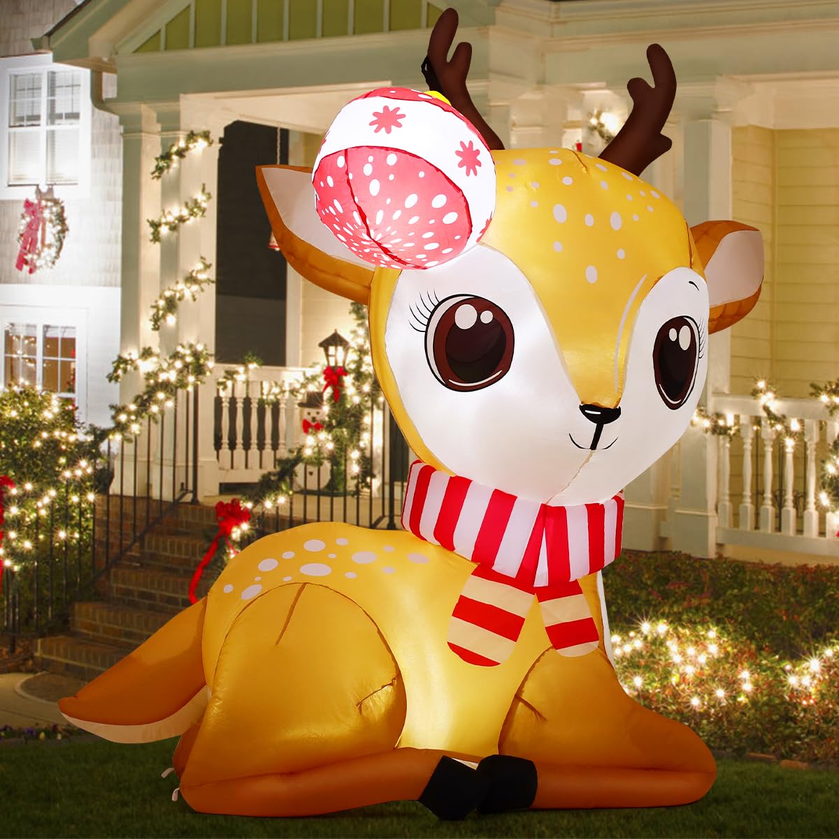 COMIN 5 FT Christmas Inflatables Reindeer Outdoor Decorations Blow Up Yard Cute Deer with Christmas Ball with Built-in LEDs for Xmas Garden Lawn Indoor Party Decor