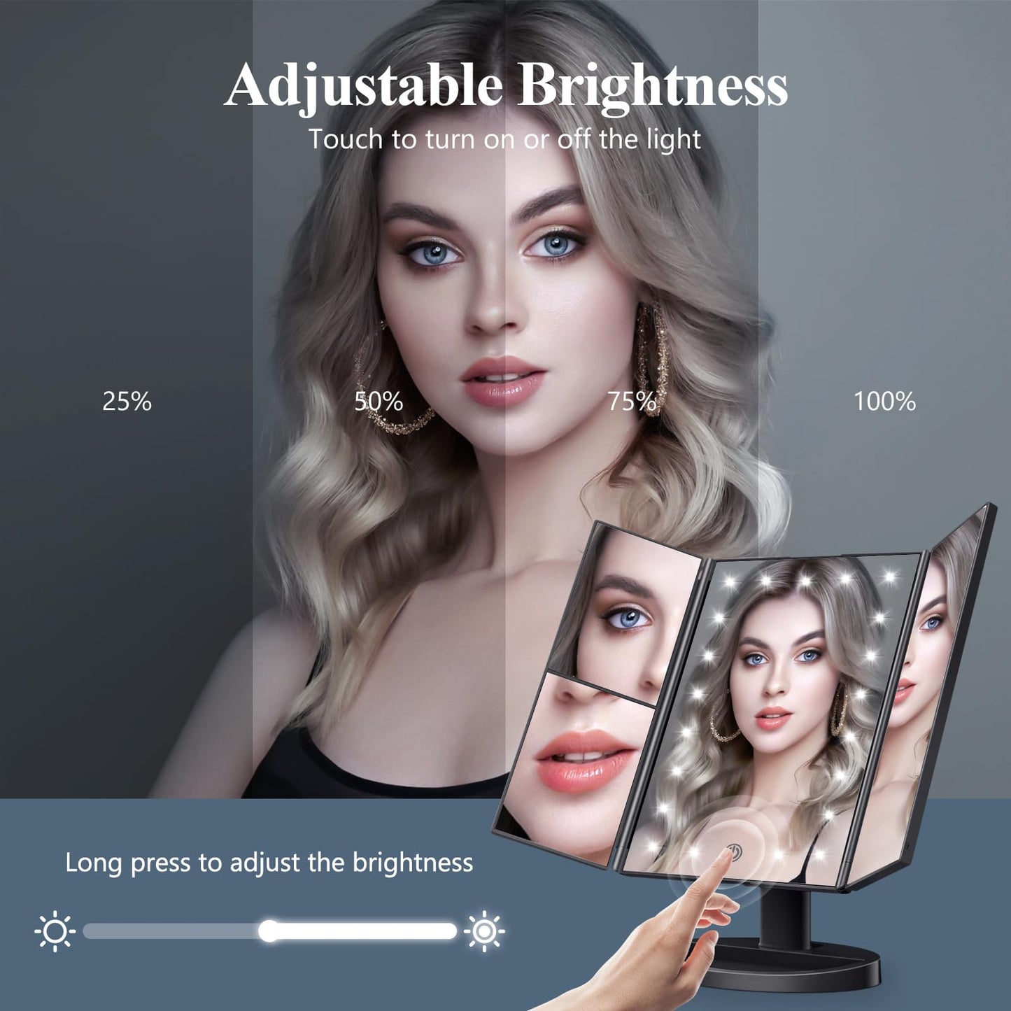 HUONUL Makeup Mirror Vanity with Lights, 2X 3X 10X Magnification, Lighted Mirror, Touch Control, Trifold Dual Power Supply, Portable LED Women Gift (Black)