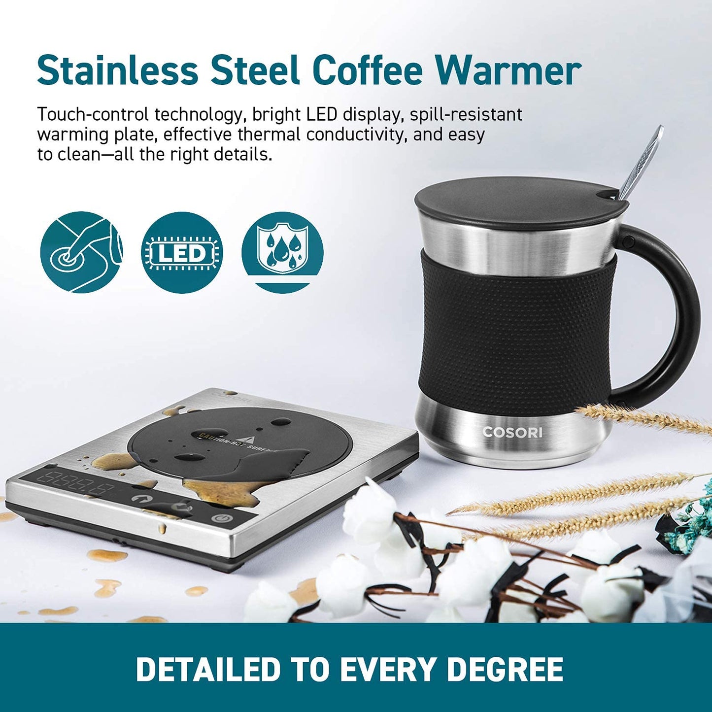 COSORI Coffee Mug Warmer for Desk, Digital Cup Heater, Coffee & Christmas Gifts, 1°F Precise Temperature Control, Touch Tech & LCD Digital Display (77-194℉), 304 Stainless Steel