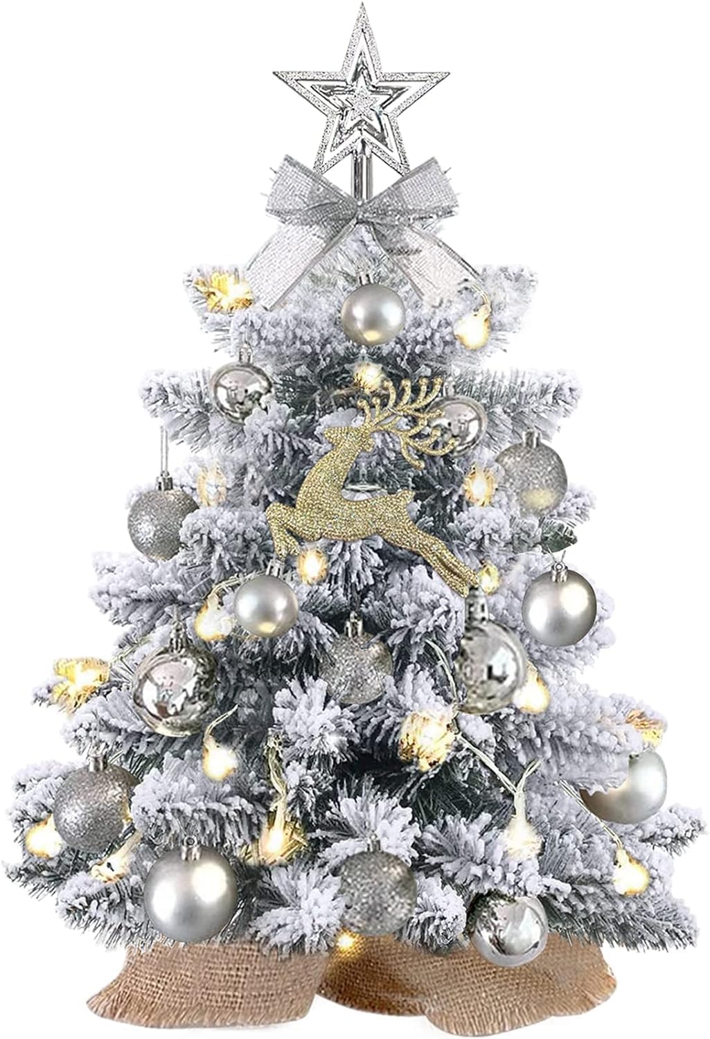 KOIUEYW Small Christmas Tree with Lights,Flocked Tabletop Christmas Tree with 30 LED Lights,Mini Christmas Tree Prelit Little Christmas Tree Pre Lit Christmas Tree for Table Top Christmas Decoration