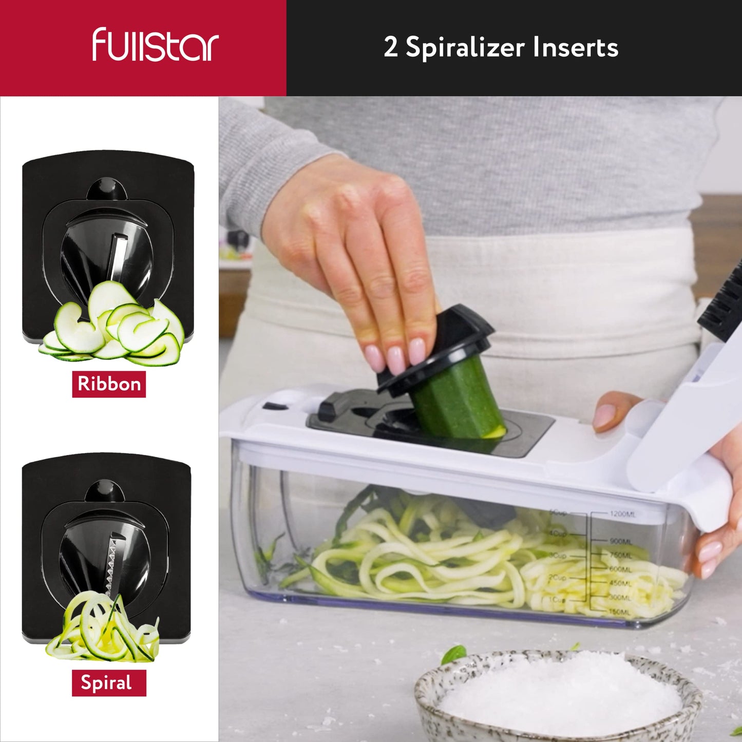 Fullstar Vegetable Chopper - Spiralizer Vegetable Slicer - Onion Chopper with Container - Pro Food Chopper - Slicer Dicer Cutter - (4 in 1, White)