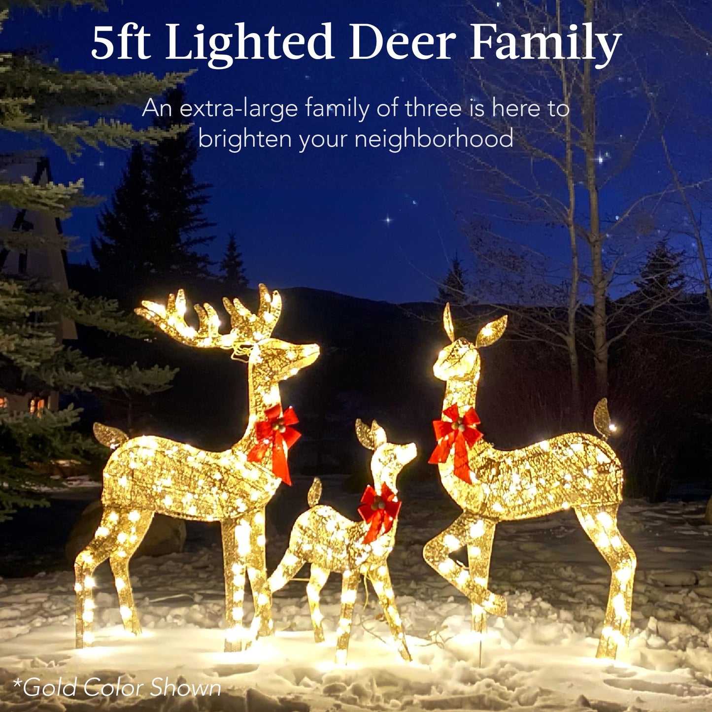 Best Choice Products 3-Piece Large Lighted Christmas Deer Family Set 5Ft Outdoor Yard Decoration with 360 LED Lights, Stakes, Zip Ties - Gold