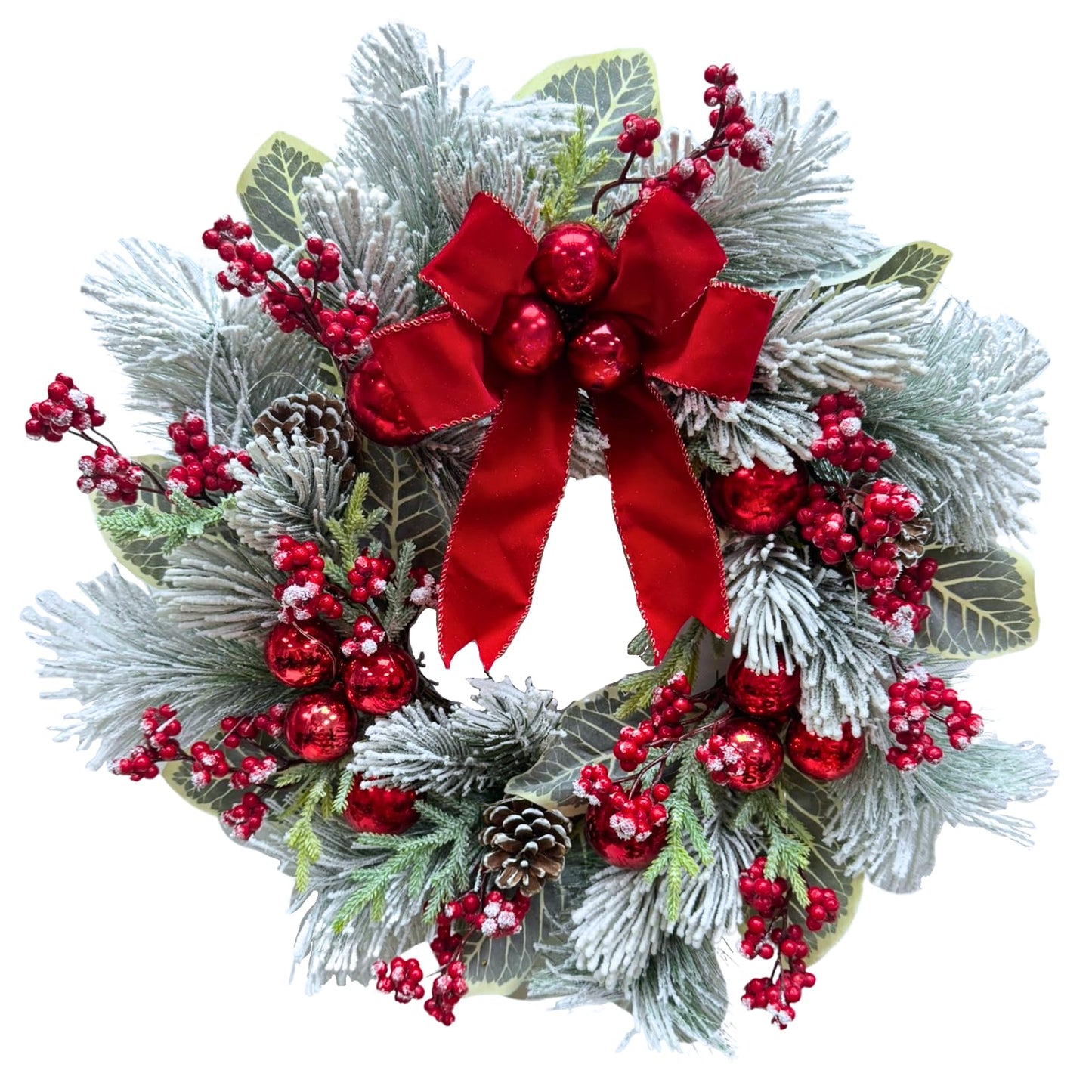 Svndlyn 22 Inch Lighted Snow Flocked Christmas Wreath with Red Bow Ball Ornaments PineCones Berries Holiday Hanging Decoration for Door, Wall, Mantel