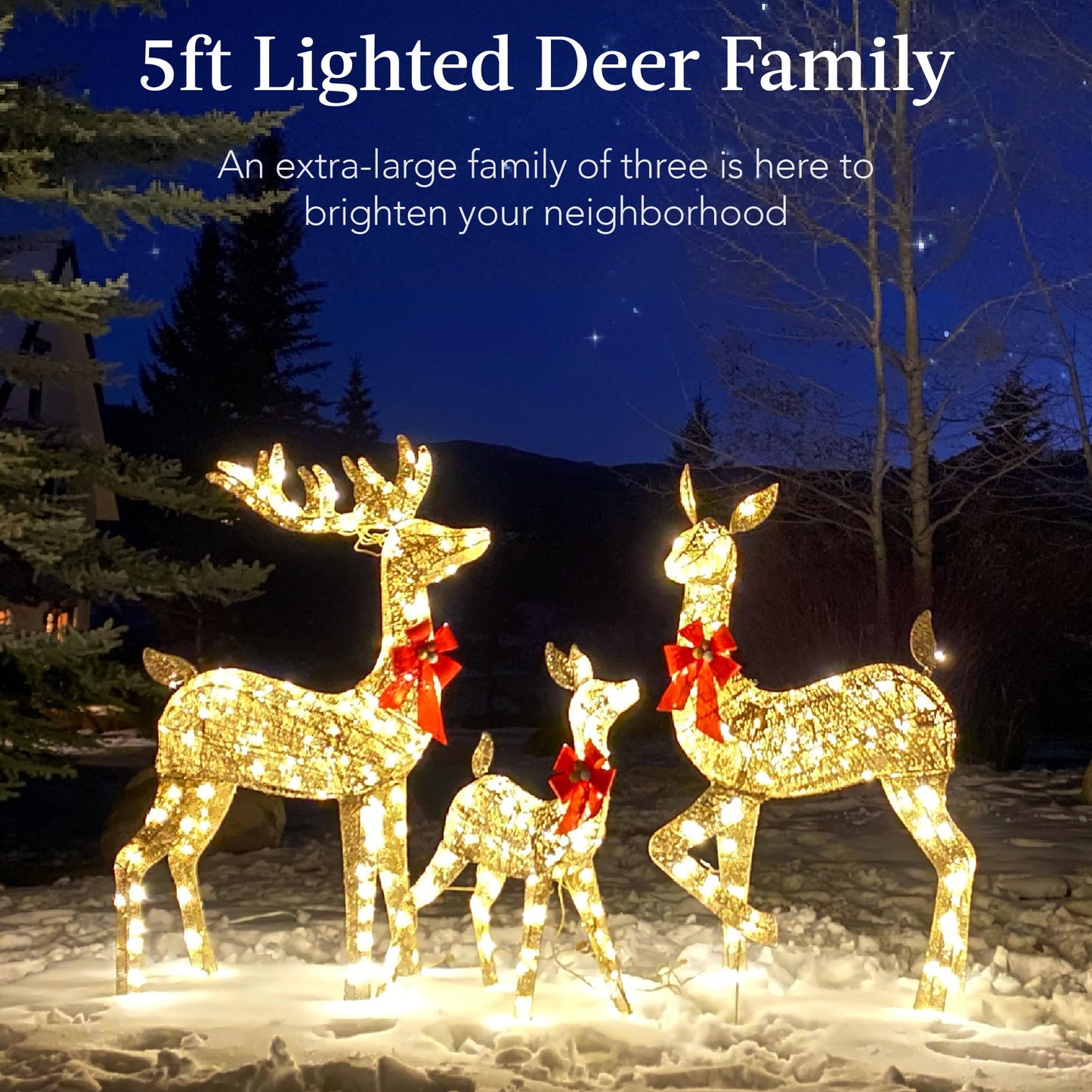 Best Choice Products 3-Piece Large Lighted Christmas Deer Family Set 5Ft Outdoor Yard Decoration with 360 LED Lights, Stakes, Zip Ties - Gold