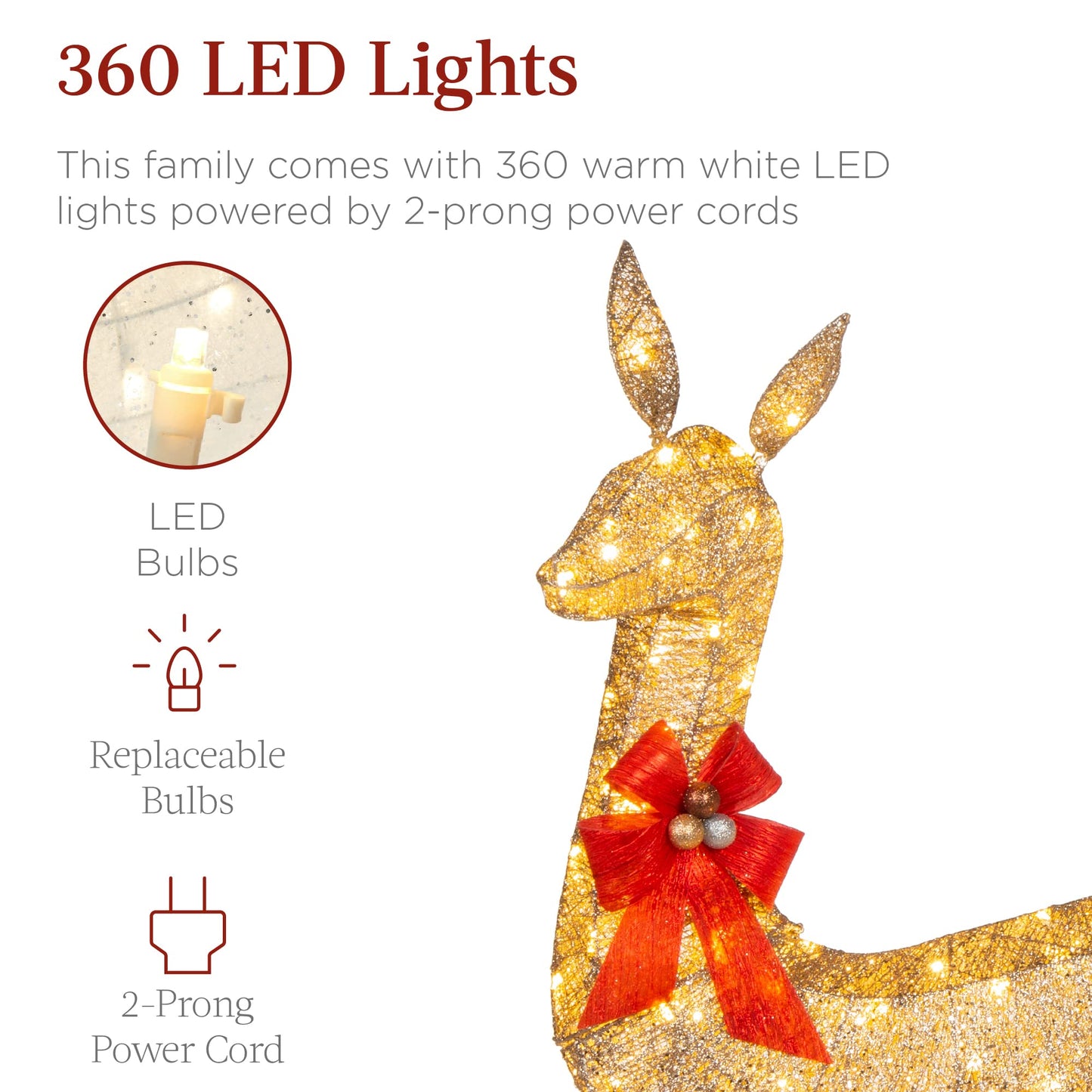 Best Choice Products 3-Piece Large Lighted Christmas Deer Family Set 5Ft Outdoor Yard Decoration with 360 LED Lights, Stakes, Zip Ties - Gold