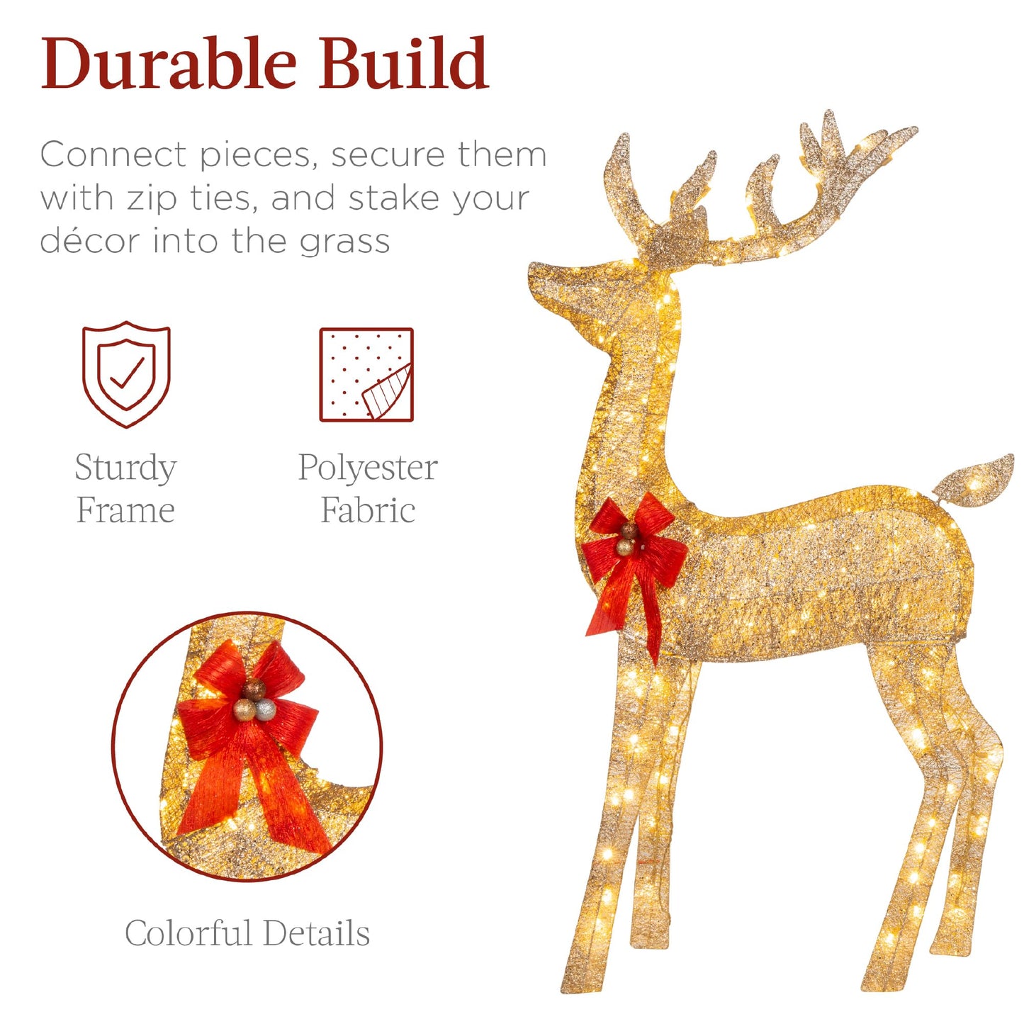 Best Choice Products 3-Piece Large Lighted Christmas Deer Family Set 5Ft Outdoor Yard Decoration with 360 LED Lights, Stakes, Zip Ties - Gold