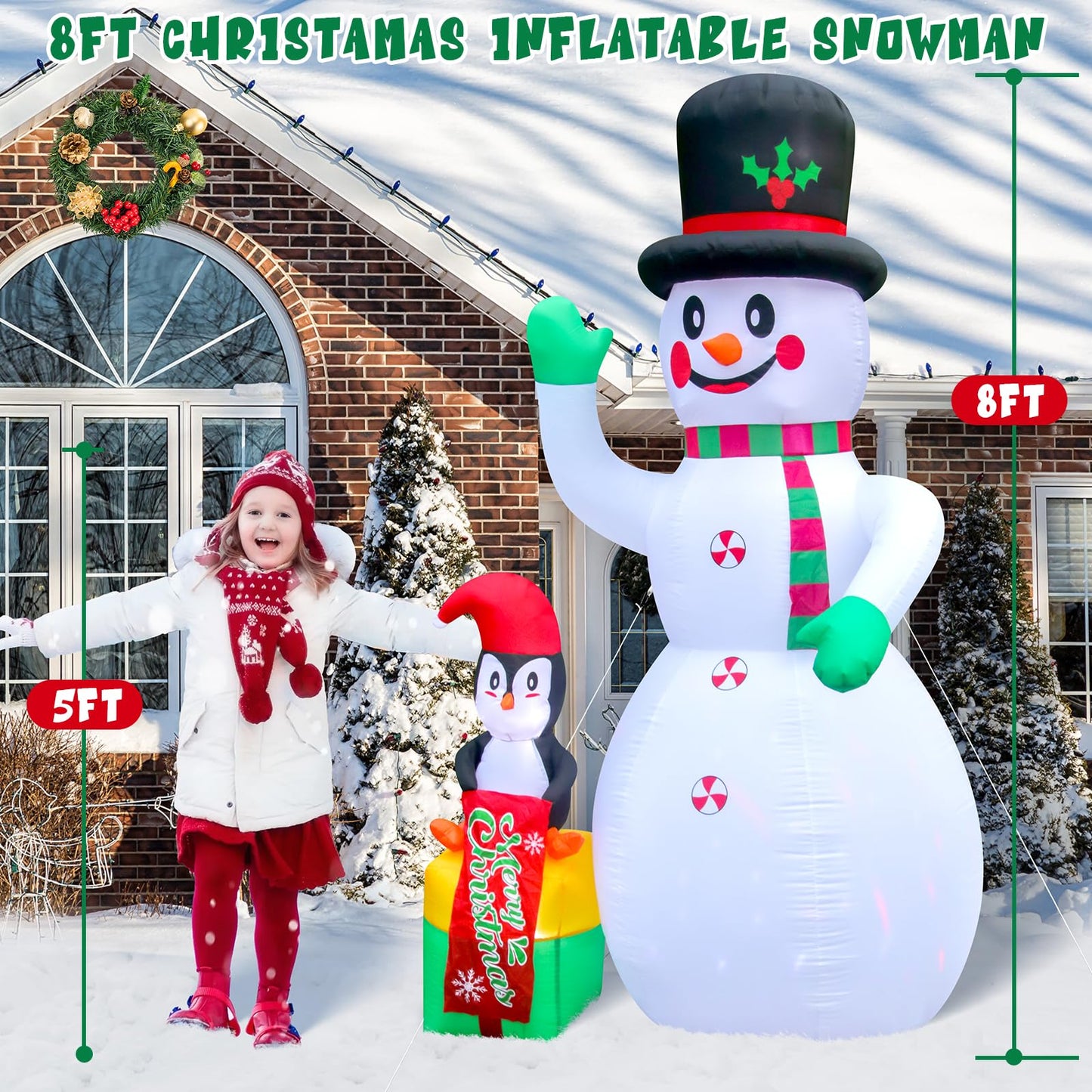 8 FT Christmas Inflatables Snowman Outdoor Decorations, Blow Up Snow Man Wear Black Magic Hat with Built-in LED Lights for Indoor Outdoor Christmas Party Yard Garden Lawn