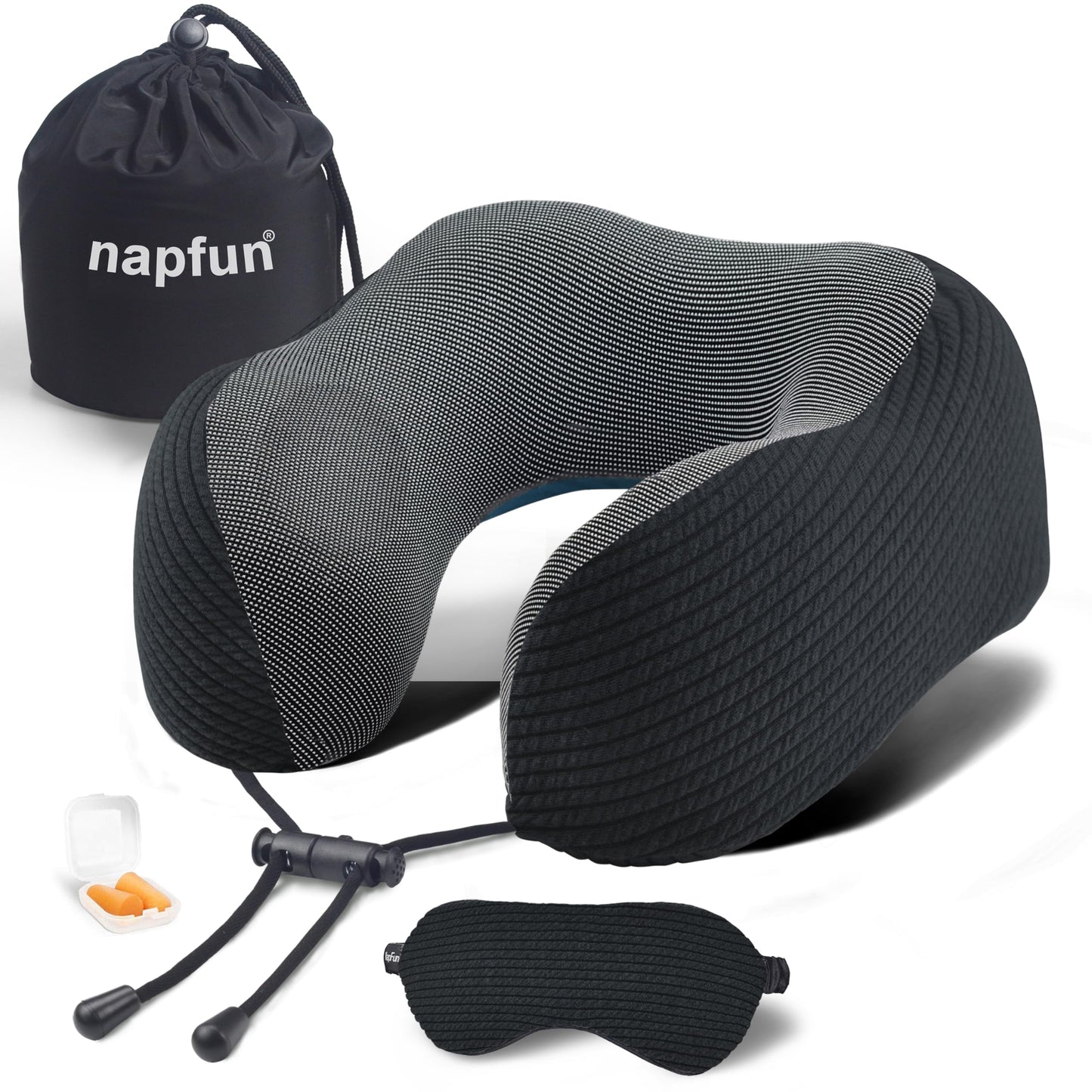 napfun Neck Pillow for Traveling, Upgraded Travel Neck Pillow for Airplane 100% Pure Memory Foam Travel Pillow for Flight Headrest Sleep, Portable Plane Accessories, Deep Blue Set, Medium (120-200LB)